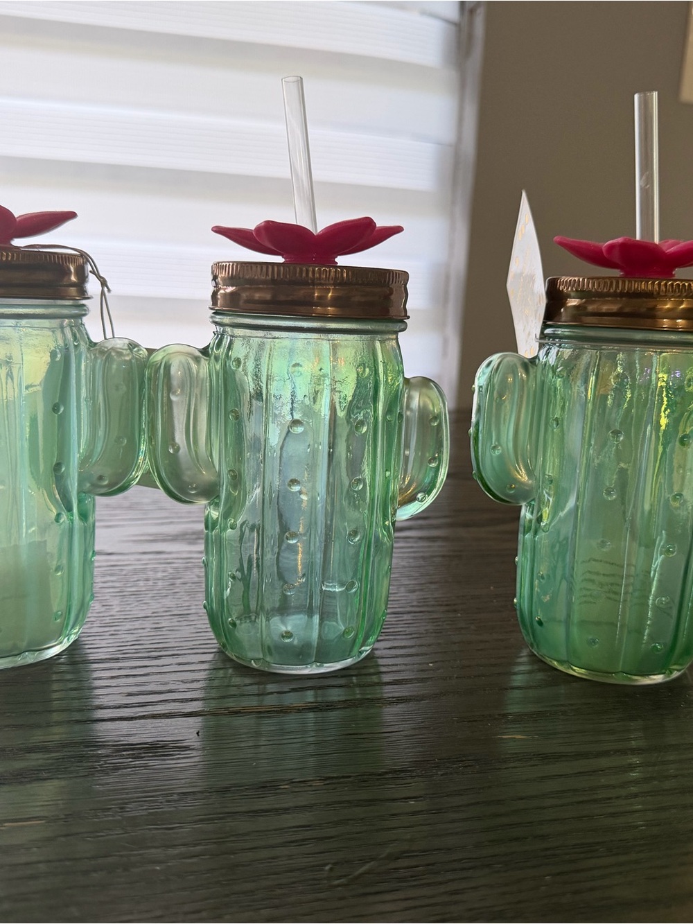 Green Cactus Glass Drinking Jar with Pink Flower Lid